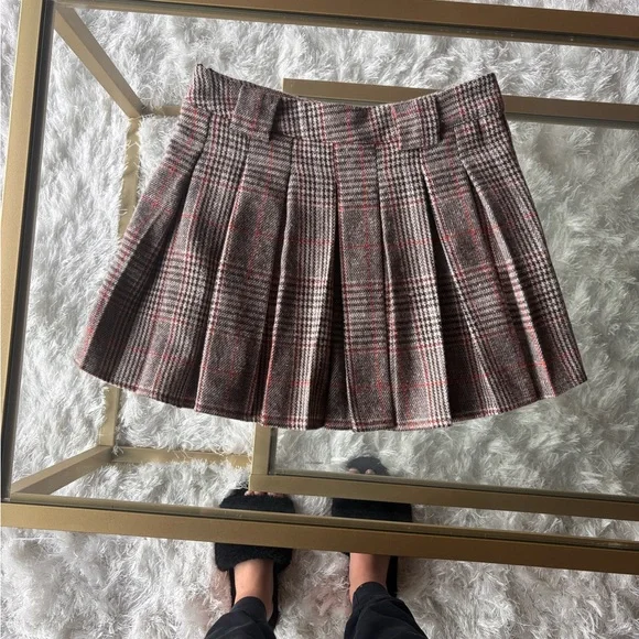 Brown Pleated Tweed plaid mini skirt with belt loops size XS - Picture 2 of 4